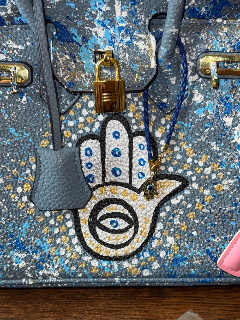 EUC Anca Barbu original hand painted Nicole satchel bag Hamsa pattern w/2 straps